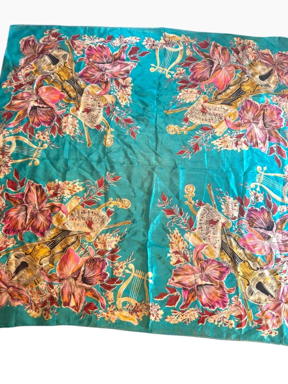 Vintage 50s 100% Silk Large Square Scarf Violin Harp Sheet Music Teal Blue 33x32